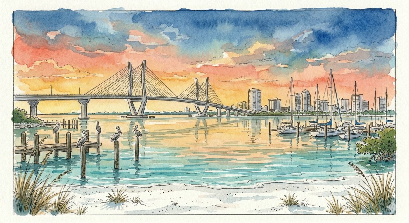 Bradenton watercolor — Manatee River, Riverwalk, Old Main Street