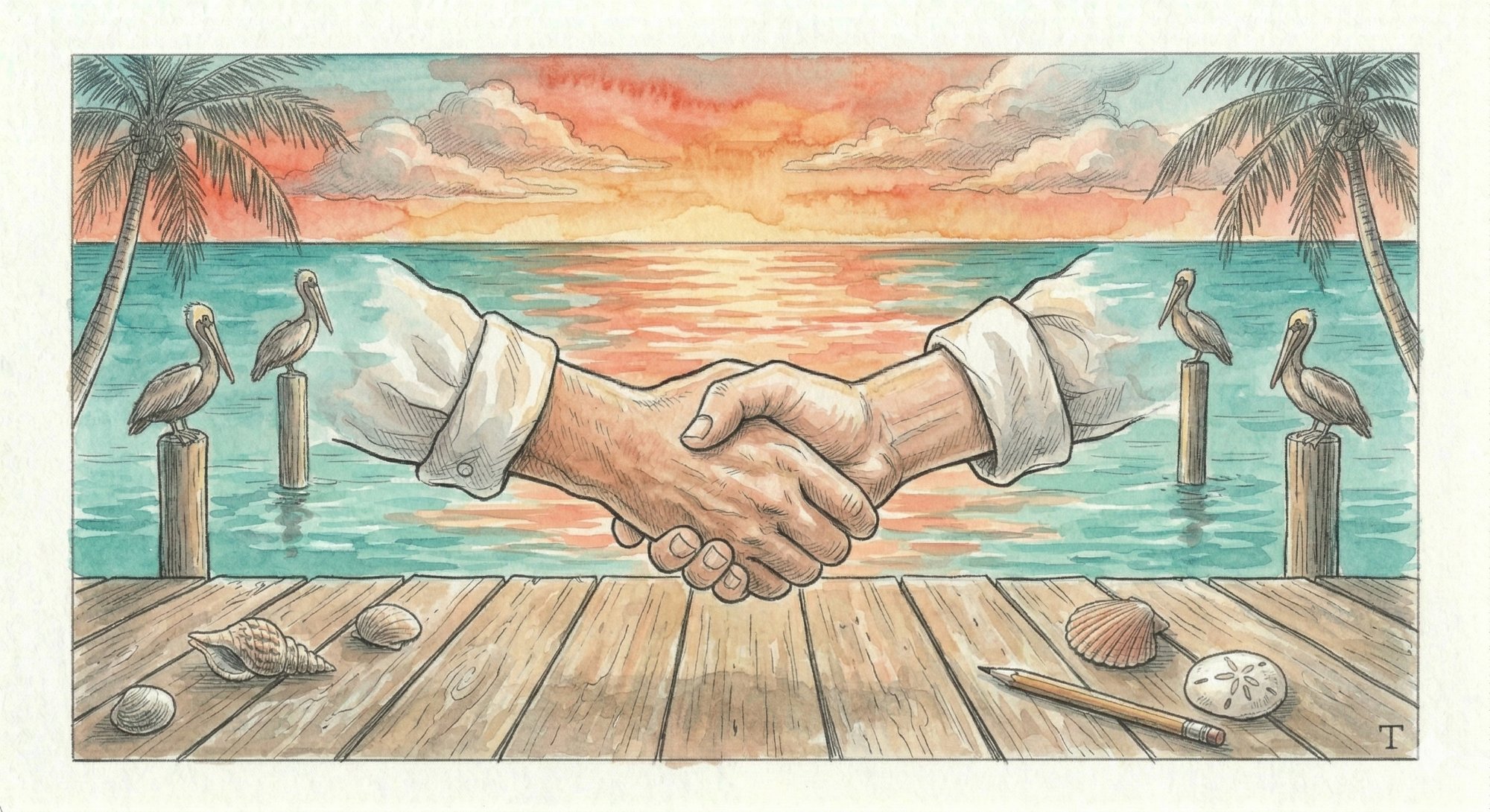 Handshake on a Gulf Coast dock at sunset
