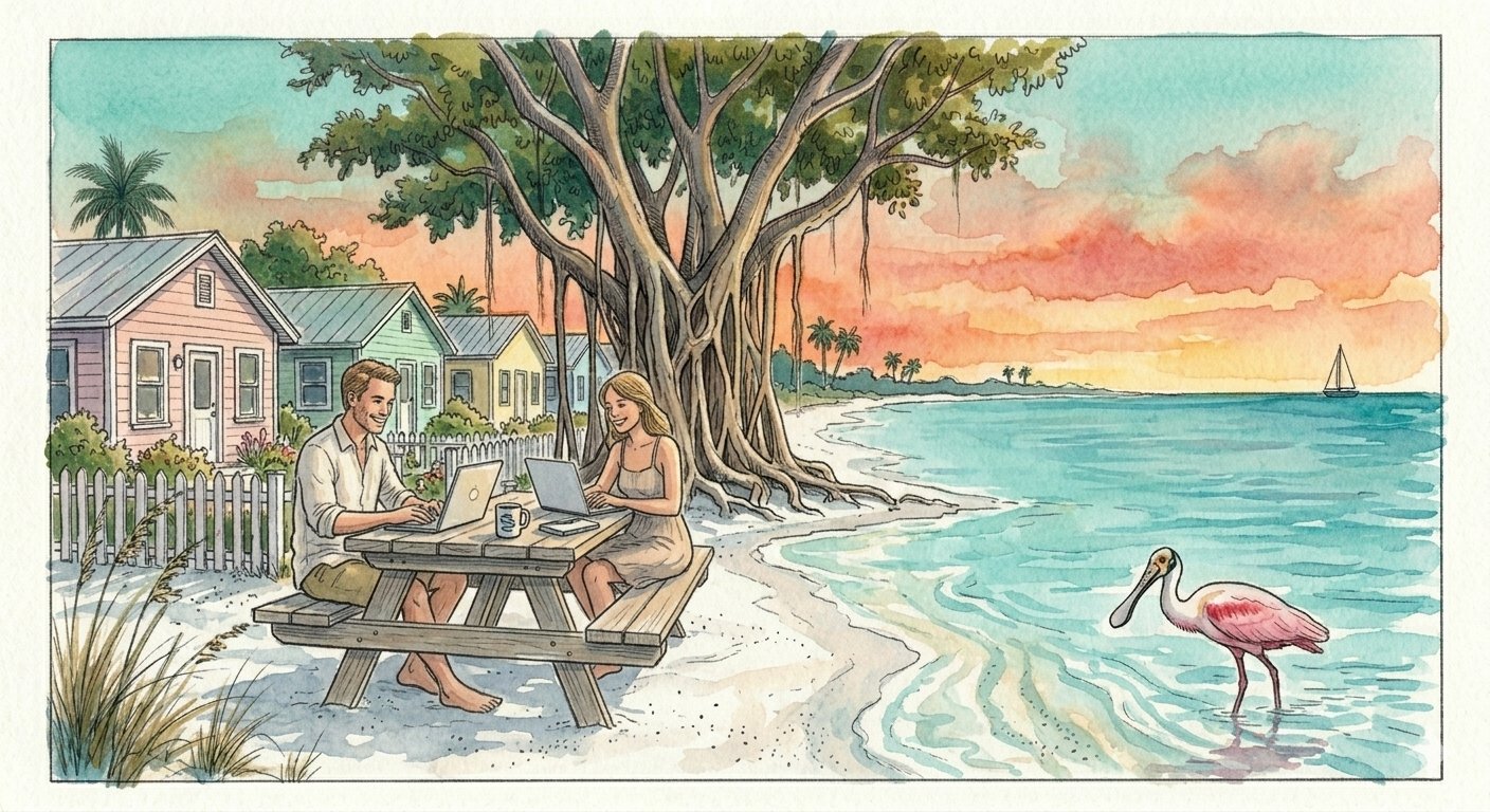 Atlas Cirrus team working under banyan tree on Anna Maria Island