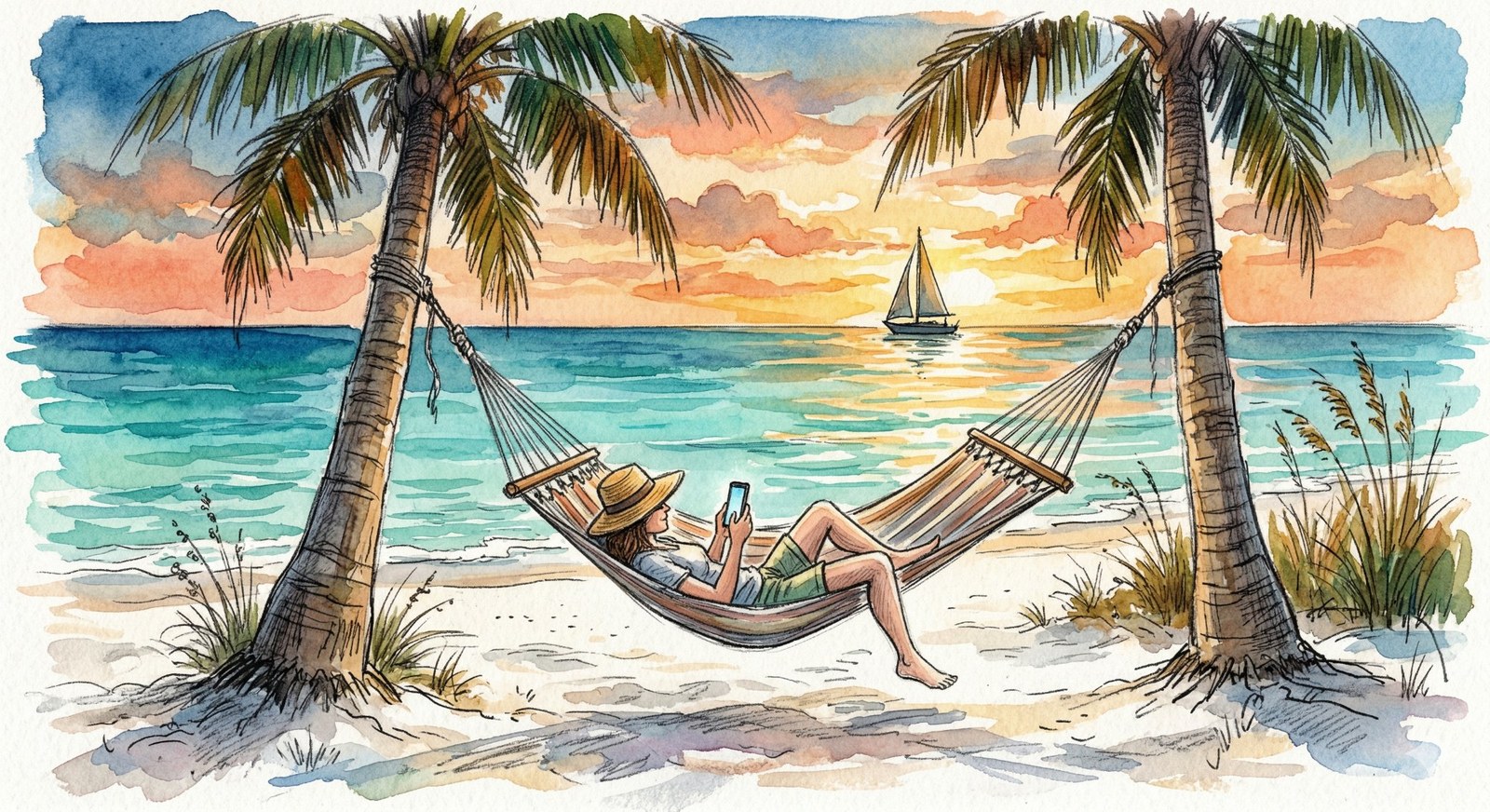 Person relaxing in hammock between palm trees on Anna Maria Island