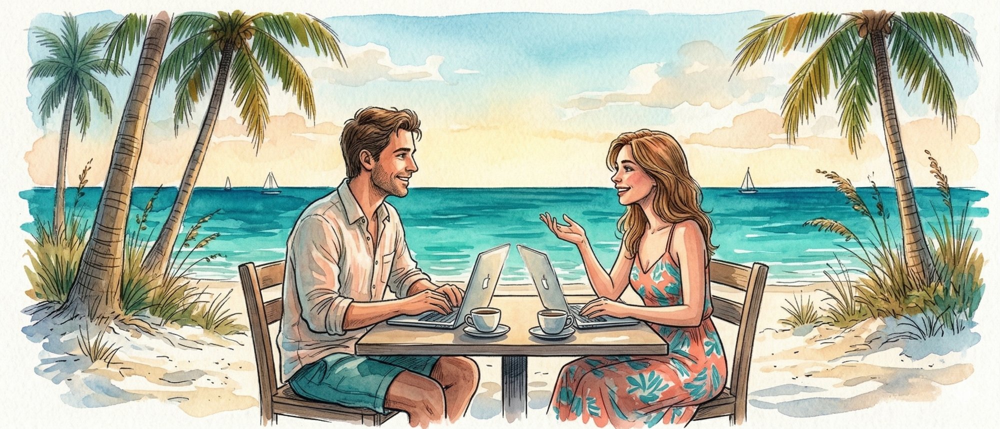 We sit down and listen over coffee on the beach