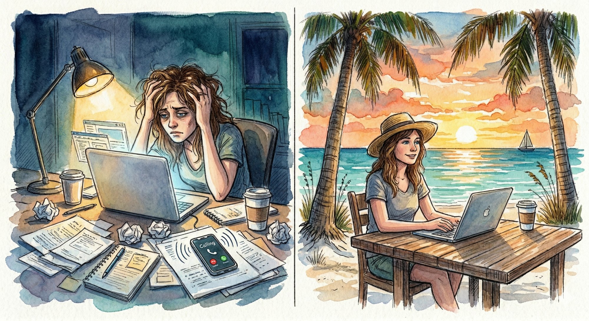 Before and after — stressed vs relaxed business owner