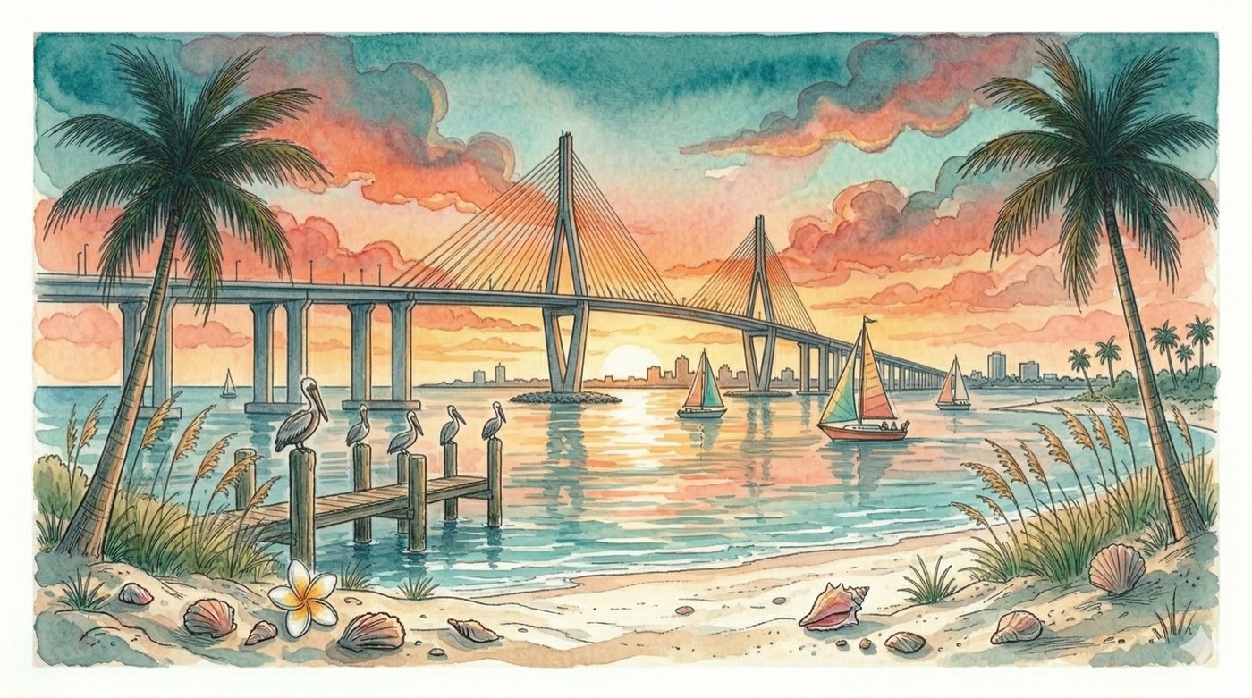 Tampa watercolor — Riverwalk, Ybor City, Tampa Bay skyline